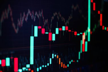 Dijital ekrandaki Forex grafik çizelgesi. Finansal istatistikleri analiz etmek ve pazar verilerini analiz etmek için çalışma.