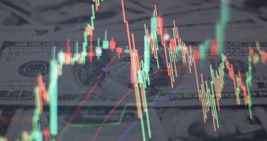 Teknik fiyat grafiği ve göstergesi, mavi ekranda kırmızı ve yeşil şamdan grafiği, piyasa dalgalanması, yükseliş ve düşüş eğilimi. Hisse senedi ticareti, kripto para birimi geçmişi.
