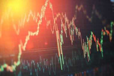 Minimalist kabine arka planına sahip grafik hologramı. Finans piyasası, iş merkezi geçmişi üzerine yatırım kavramı