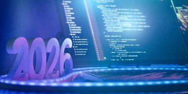 Gelecekteki programlama ve teknolojik yenilikleri sembolize eden kodlarla dolu dijital ekranın önünde 2026 numara parlıyor.