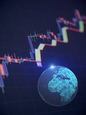 Parlayan bir dijital küreye sahip, uluslararası finans, küresel yatırım ve fintech teknolojisini temsil eden borsa şamdanı şeması.