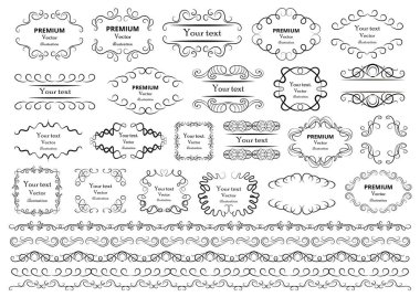 Kaligrafik tasarım elementleri. Dekoratif girdaplar ya da parşömenler, eski çerçeveler, zenginlikler, etiketler ve bölmeler. Retro vektör illüstrasyonu
