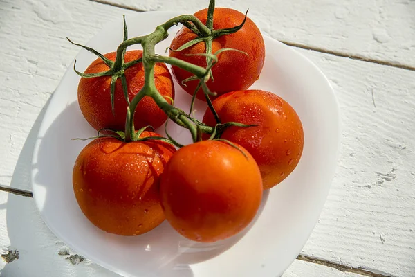 Cherry Tomatoes White Plate Wooden White Table — Stock Photo, Image