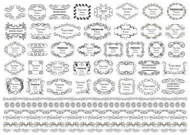 Kaligrafik tasarım elementleri. Dekoratif girdaplar ya da parşömenler, eski çerçeveler, zenginlikler, etiketler ve bölmeler. Retro vektör illüstrasyonu