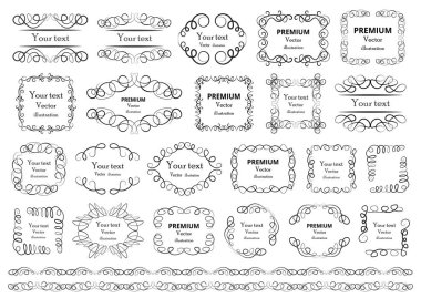 Kaligrafik tasarım elementleri. Dekoratif girdaplar ya da parşömenler, eski çerçeveler, zenginlikler, etiketler ve bölmeler. Retro vektör illüstrasyonu