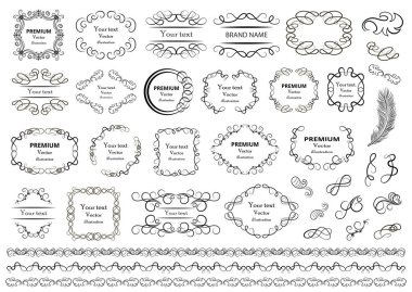 Kaligrafik tasarım elementleri. Dekoratif girdaplar ya da parşömenler, eski çerçeveler, zenginlikler, etiketler ve bölmeler. Retro vektör illüstrasyonu.