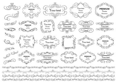 Kaligrafik tasarım elementleri. Dekoratif girdaplar ya da parşömenler, eski çerçeveler, zenginlikler, etiketler ve bölmeler. Retro vektör illüstrasyonu.
