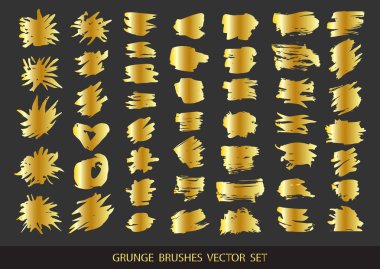 Altın boya seti, mürekkep fırçası darbeleri, fırçalar, çizgiler. Kirli sanatsal tasarım unsurları, kutular, metin için çerçeveler. Vektör illüstrasyonu.
