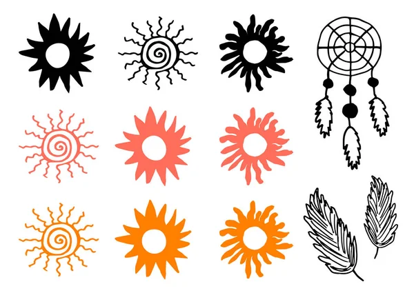 Sol Decorativo Penas Ilustração Vetorial Ilustração Doodle —  Vetores de Stock