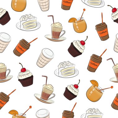Vektör sorunsuz arka plan. Bir dizi içki, hamur işleri ve tatlılar. Kumaş, tekstil, kağıt, duvar kağıdı, web için tasarım. Retro. Vintage tarzı.