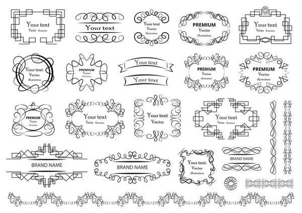 Calligraphic design elements . Decorative swirls or scrolls, vintage frames , flourishes, labels and dividers. Retro vector illustration.
