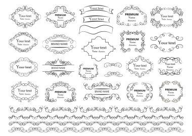 Kaligrafik tasarım elementleri. Dekoratif girdaplar ya da parşömenler, eski çerçeveler, zenginlikler, etiketler ve bölmeler. Retro vektör illüstrasyonu.