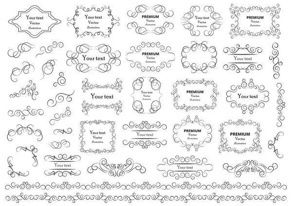 Elementy wzornictwa kaligraficznego. Dekoracyjne wiry lub zwoje, zabytkowe ramy, kwitnie, etykiety i przegrody. Ilustracja wektora wstecznego. — Wektor stockowy