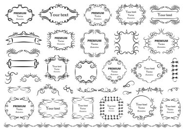 Kaligrafik tasarım elementleri. Dekoratif girdaplar ya da parşömenler, eski çerçeveler, zenginlikler, etiketler ve bölmeler. Retro vektör illüstrasyonu.