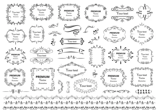 Kalligrafische Designelemente. Dekorative Strudel oder Schriftrollen, Vintage-Rahmen, Blüten, Etiketten und Trennwände. Retro-Vektor-Illustration. — Stockvektor
