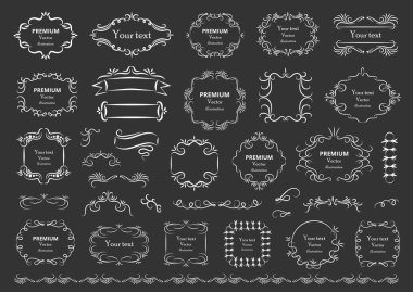 Kaligrafik tasarım elementleri. Dekoratif girdaplar ya da parşömenler, eski çerçeveler, zenginlikler, etiketler ve bölmeler. Retro vektör illüstrasyonu.