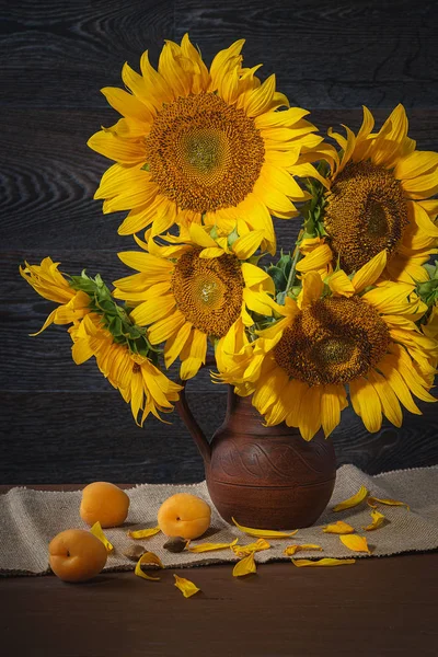 Still life with sunflowers in a clay pot against a wooden wall. — Stock Photo, Image