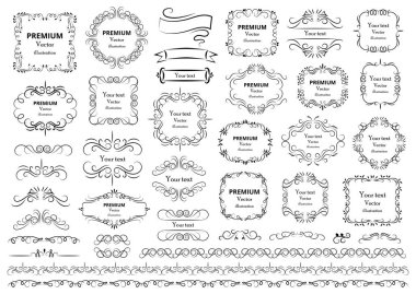 Kaligrafik tasarım elementleri. Dekoratif girdaplar ya da parşömenler, eski çerçeveler, zenginlikler, etiketler ve bölmeler. Retro vektör illüstrasyonu.
