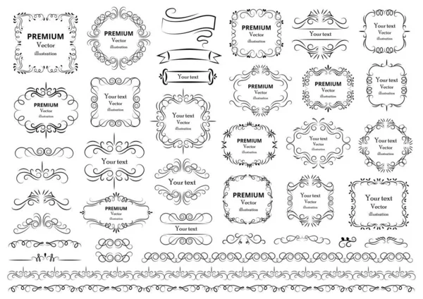 Elementy wzornictwa kaligraficznego. Dekoracyjne wiry lub zwoje, zabytkowe ramy, kwitnie, etykiety i przegrody. Ilustracja wektora wstecznego. — Wektor stockowy