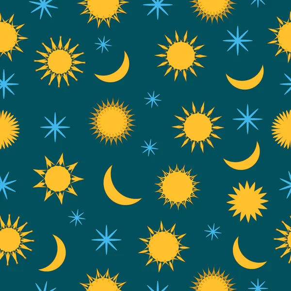 Sun, month and stars in the sky seamless vector pattern background. Yellow, blue, white. Great for kids, fabrics, paper, web banners, wallpapers. — Stock Vector