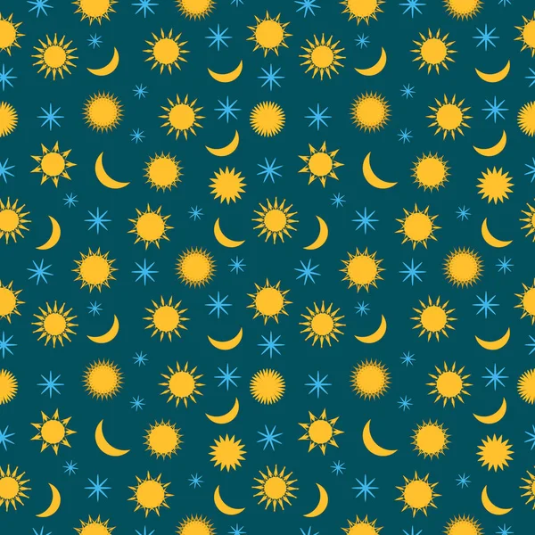 Sol, mes y estrellas en el cielo sin costuras vector patrón de fondo. Amarillo, azul, blanco. Ideal para niños, telas, papel, banners web, fondos de pantalla. Impresión estacional — Archivo Imágenes Vectoriales