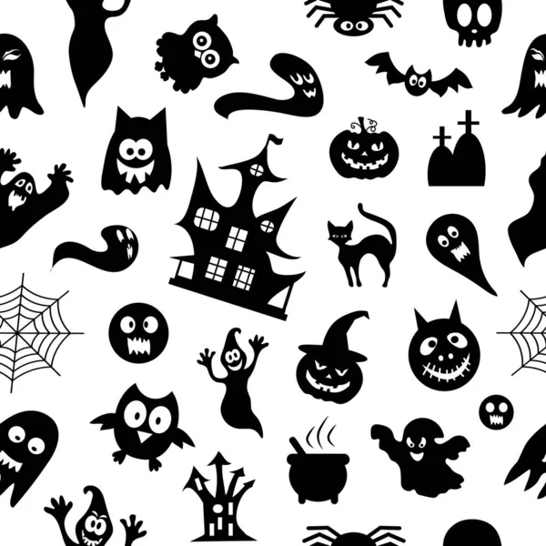 Patrón abstracto sin costura vector patrón fondo. Conjunto de siluetas de Halloween sobre fondo blanco. Ideal para tela, papel, banners web, fondos de pantalla . — Vector de stock