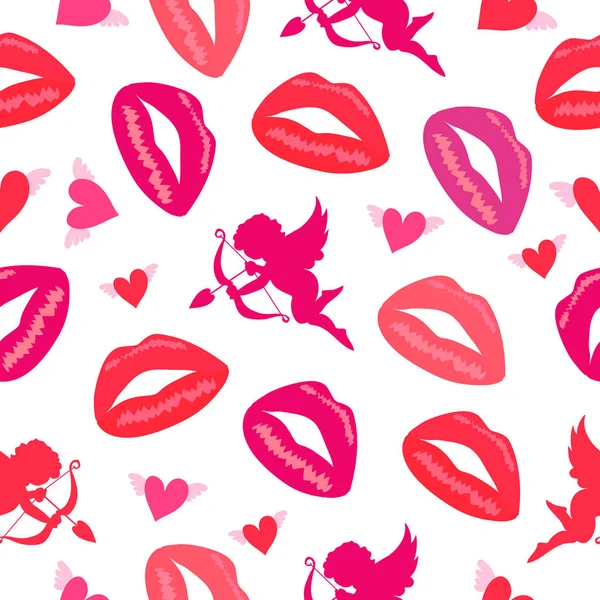 Patrón abstracto sin costura vector patrón fondo. Patrón de labios, corazones y un ángel. Ideal para tela, papel, banners web, fondos de pantalla . — Vector de stock