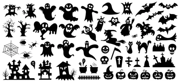 Conjunto de siluetas de Halloween sobre fondo blanco. Ilustración vectorial.. — Vector de stock
