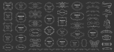 Kaligrafik tasarım elementleri. Dekoratif girdaplar ya da parşömenler, eski çerçeveler, zenginlikler, etiketler ve bölmeler. Retro vektör illüstrasyonu.