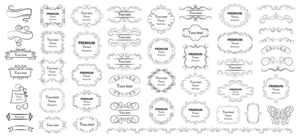 Kaligrafik tasarım elementleri. Dekoratif girdaplar ya da parşömenler, eski çerçeveler, zenginlikler, etiketler ve bölmeler. Retro vektör illüstrasyonu.