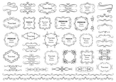 Kaligrafik tasarım elementleri. Dekoratif girdaplar ya da parşömenler, eski çerçeveler, zenginlikler, etiketler ve bölmeler. Retro vektör illüstrasyonu.