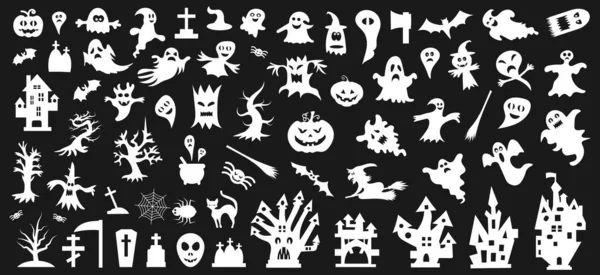 Uppsättning vita silhuetter av Halloween på en svart bakgrund. Vektor illustration — Stock vektor