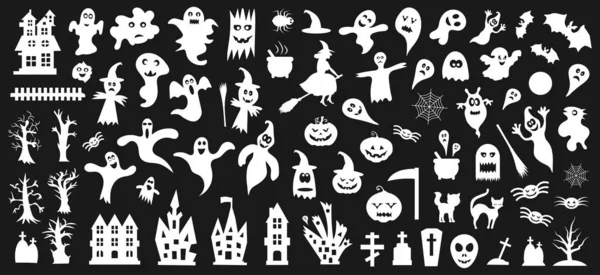 Zestaw białych sylwetek Halloween na czarnym tle. Ilustracja wektorowa — Wektor stockowy