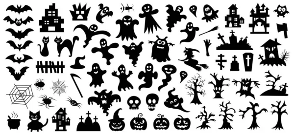 Conjunto de siluetas de Halloween sobre fondo blanco. Ilustración vectorial — Vector de stock