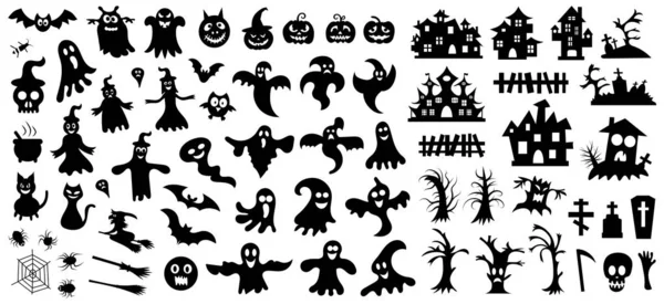 Set von Silhouetten von Halloween auf weißem Hintergrund. Vektorillustration — Stockvektor