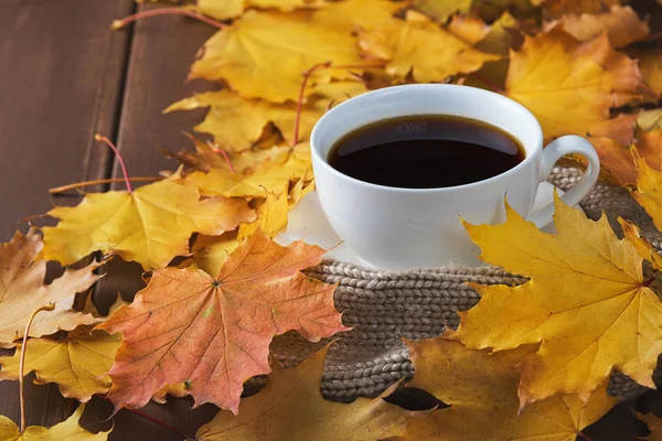 Осень, осенние листья, горячая чашка кофе и теплый шарф на фоне деревянного стола . — стоковое фото