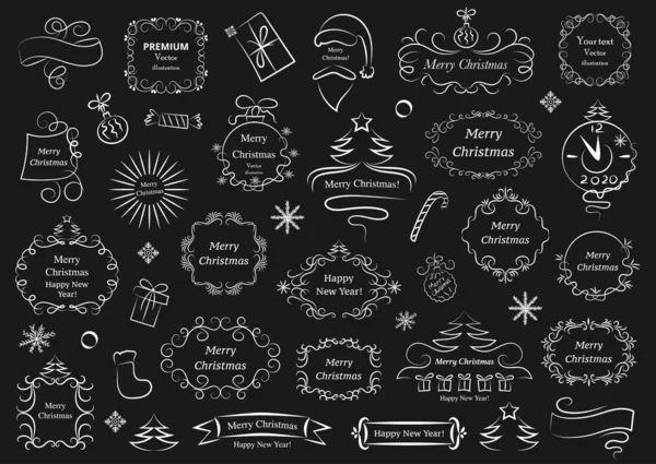 Elementy konstrukcyjne kaligraficzne na święta Bożego Narodzenia. Dekoracyjne swirls lub zwoje, zabytkowe ramy, kwitnie, etykiety i przegroby. Retro wektor ilustracji — Wektor stockowy