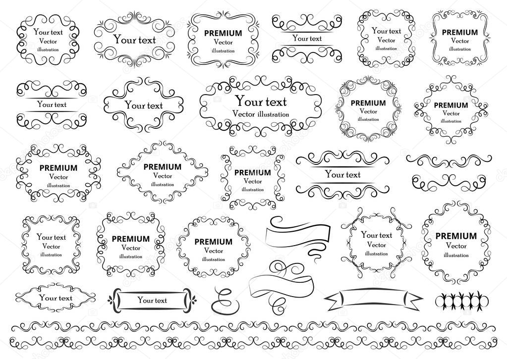 Calligraphic design elements . Decorative swirls or scrolls, vintage frames , flourishes, labels and dividers. Retro vector illustration.