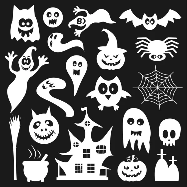 Conjunto de silhuetas brancas de Halloween em um fundo preto. Ilustração vetorial — Vetor de Stock