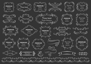 Kaligrafik tasarım elementleri. Dekoratif girdaplar ya da parşömenler, eski çerçeveler, zenginlikler, etiketler ve bölmeler. Retro vektör illüstrasyonu.