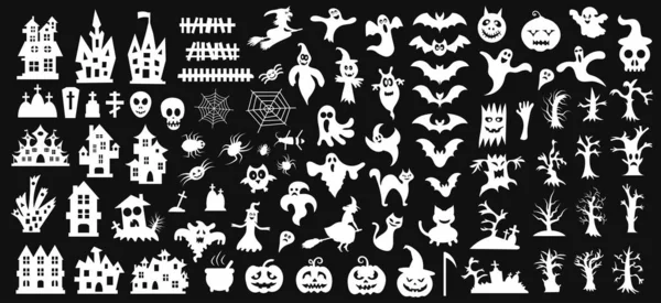 Sada bílých siluet Halloweenu na černém pozadí. Vektorová ilustrace — Stockový vektor