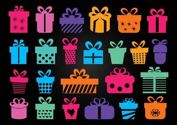 Vector illustrations of gifts silhouette set on a black background — Stock Vector