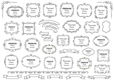 Kaligrafik tasarım elementleri. Dekoratif girdaplar ya da parşömenler, eski çerçeveler, zenginlikler, etiketler ve bölmeler. Retro vektör illüstrasyonu.
