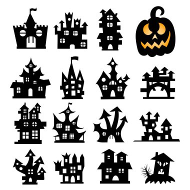 Cadılar Bayramı ikonları seti. Cadılar Bayramı perili evi beyaz arka planda izole edilmiş. Vektör illüstrasyonu