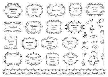 Kaligrafik tasarım elementleri. Dekoratif girdaplar ya da parşömenler, eski çerçeveler, zenginlikler, etiketler ve bölmeler. Retro vektör illüstrasyonu.