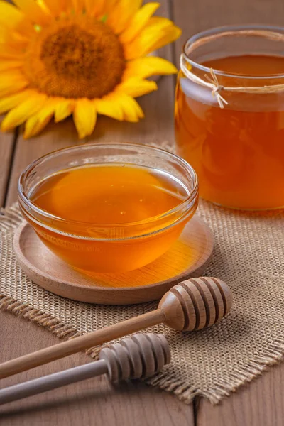 Honey Glass Jar Wooden Table — Stock Photo, Image