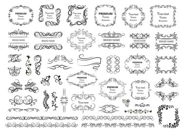 Kaligrafik tasarım elementleri. Dekoratif girdaplar ya da parşömenler, eski çerçeveler, zenginlikler, etiketler ve bölmeler. Retro vektör illüstrasyonu.