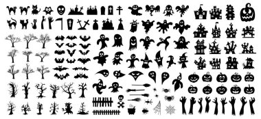 Beyaz arka planda Cadılar Bayramı siluetleri. Vektör illüstrasyonu