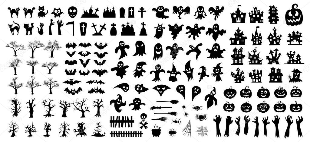 Set of silhouettes of Halloween on a white background. Vector illustration	