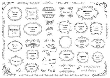Calligraphic design elements . Decorative swirls or scrolls, vintage frames , flourishes, labels and dividers. Retro vector illustration.	